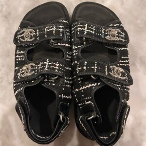 CHANEL Black Tweed Sandals with Silver Hardware